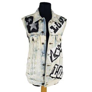 Faith Connexion White Denim Vest Graffiti Print Punk